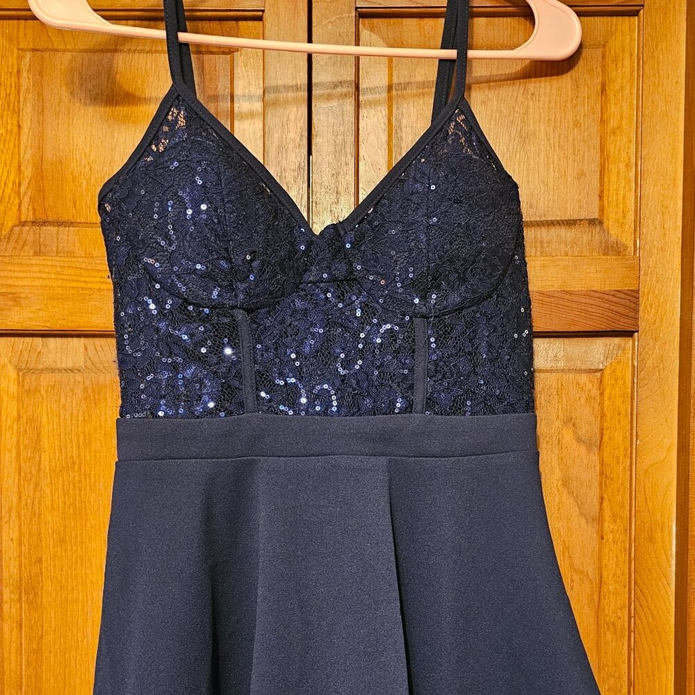 City Studio Party Blue Juniors' Double Strapped Mesh Sequin Dress